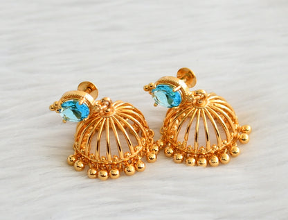 Gold tone sky blue oval stone jhumkka dj-44289