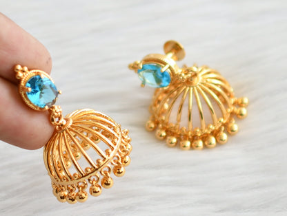 Gold tone sky blue oval stone jhumkka dj-44289