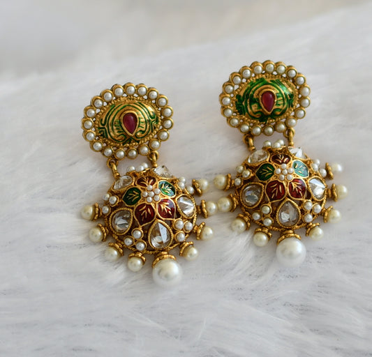 Antique red-green-white pearl meenakari flower earrings dj-46059