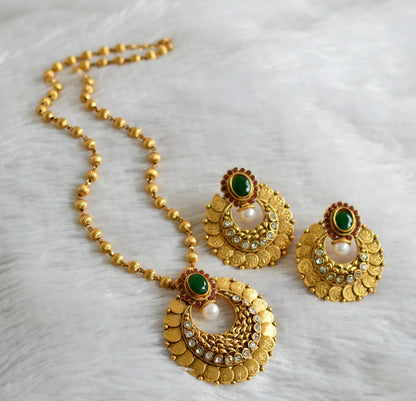 Antique gold tone 18 inches ball chain with red-green-white lakshmi coin bali pendant set dj-47672