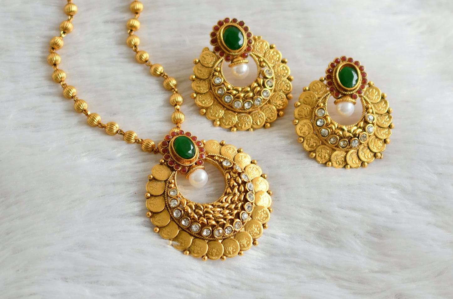 Antique gold tone 18 inches ball chain with red-green-white lakshmi coin bali pendant set dj-47672