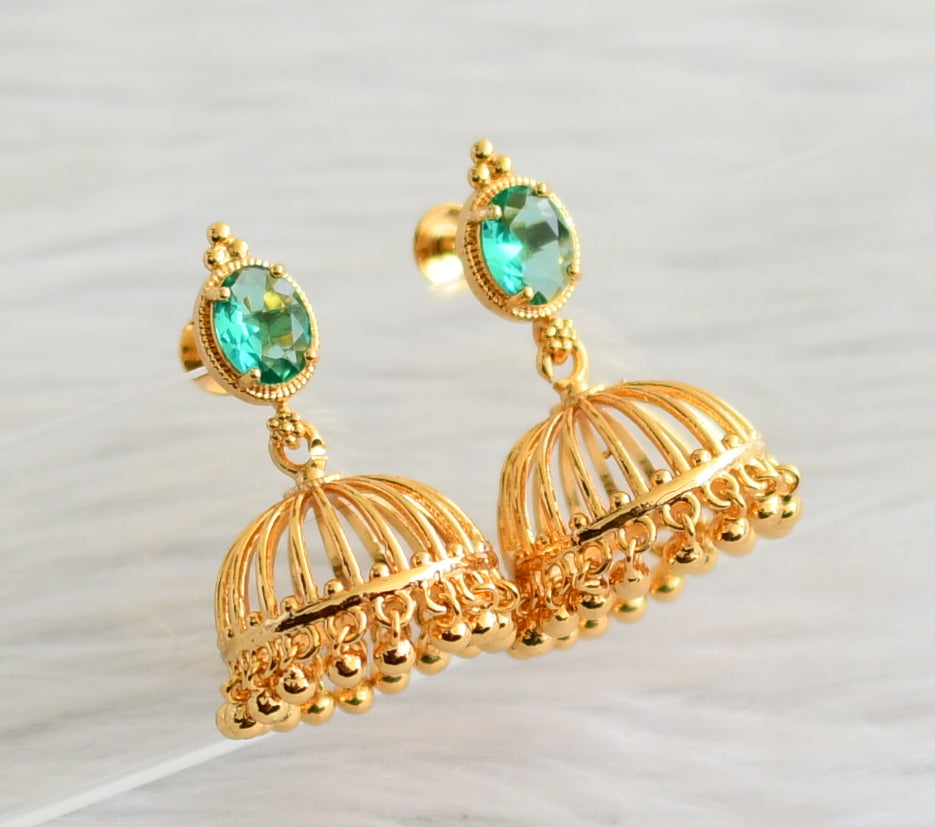 Gold tone peacock green oval stone jhumkka dj-44288