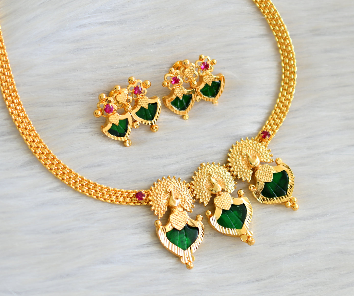 Gold tone pink-green palakka peacock necklace set dj-32887