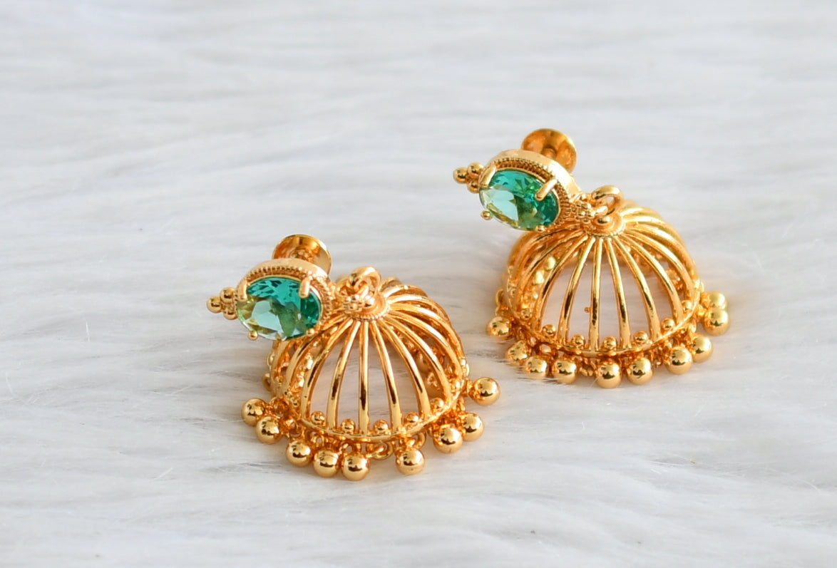 Gold tone peacock green oval stone jhumkka dj-44288