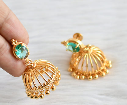 Gold tone peacock green oval stone jhumkka dj-44288