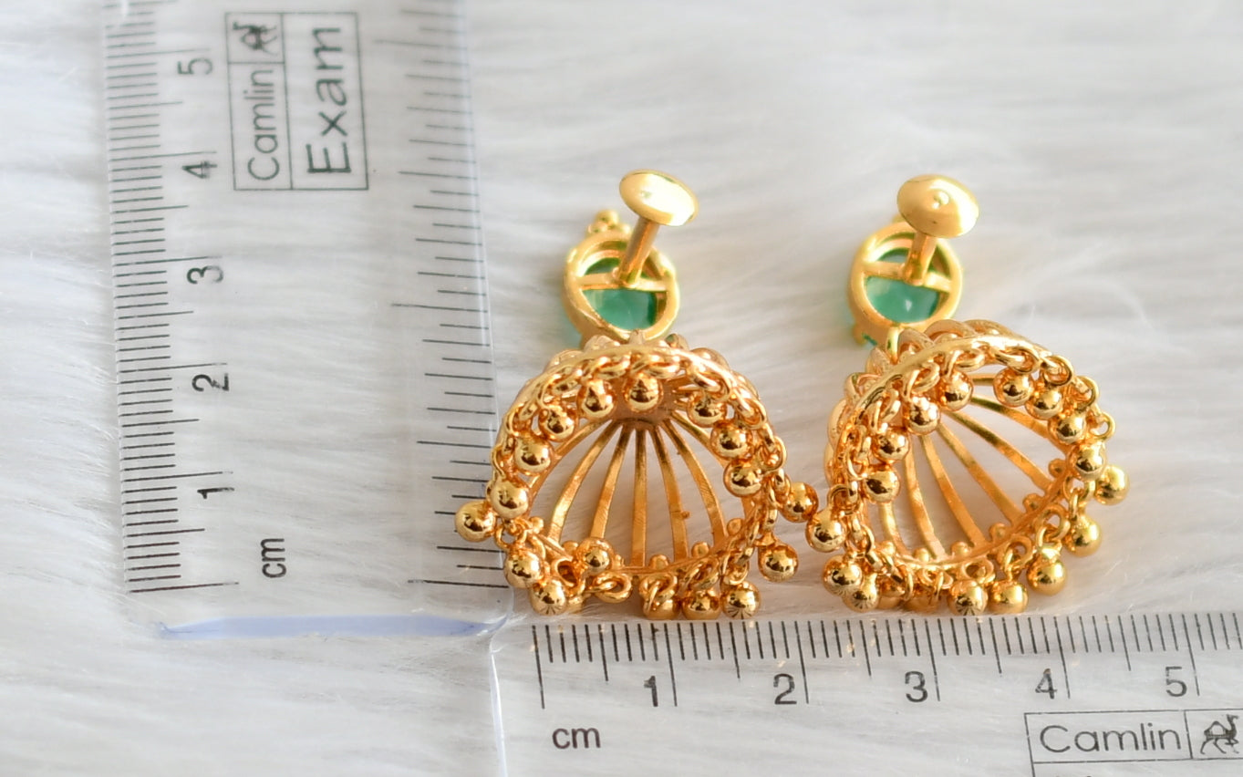 Gold tone peacock green oval stone jhumkka dj-44288