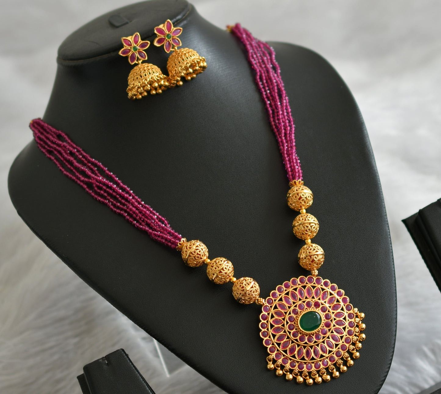 Gold tone ruby-green beaded flower necklace set dj-47667