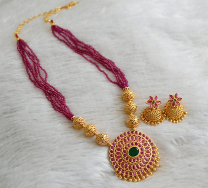 Gold tone ruby-green beaded flower necklace set dj-47667