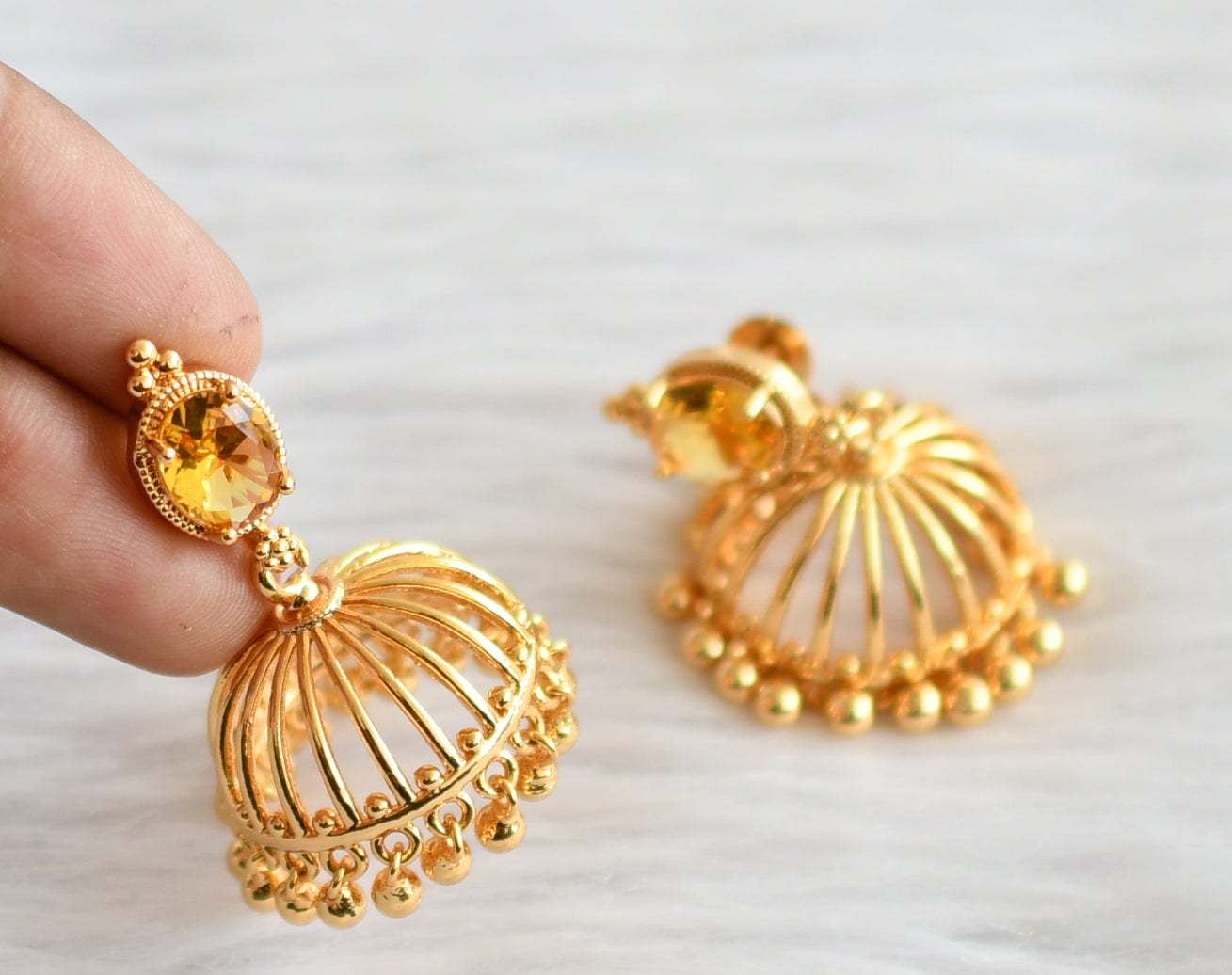 Gold tone yellow oval stone jhumkka dj-44290