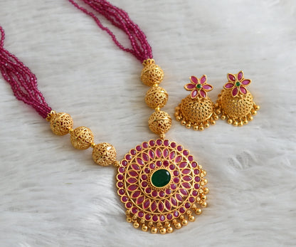 Gold tone ruby-green beaded flower necklace set dj-47667