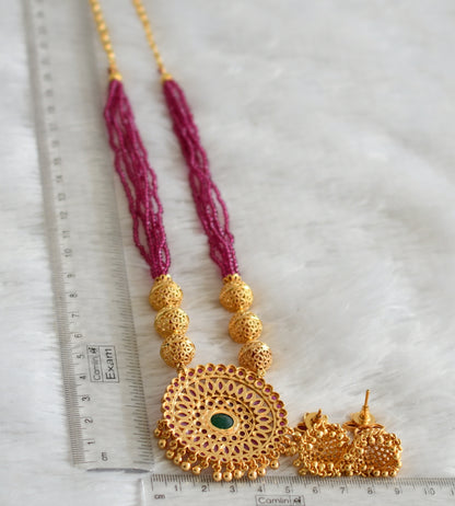 Gold tone ruby-green beaded flower necklace set dj-47667