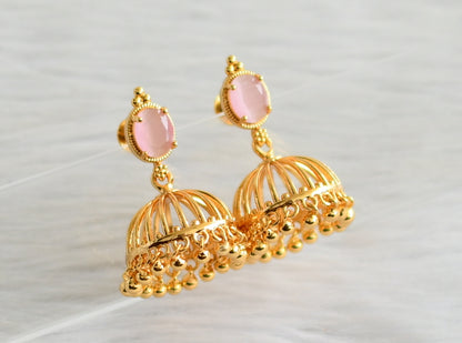 Gold tone baby pink oval stone jhumkka dj-44291