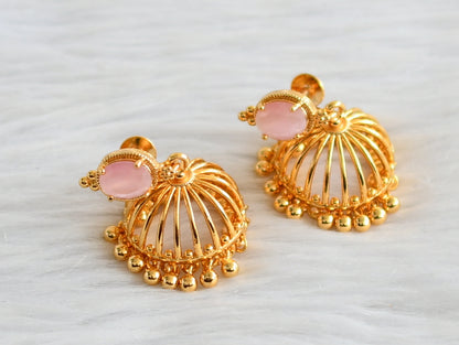 Gold tone baby pink oval stone jhumkka dj-44291