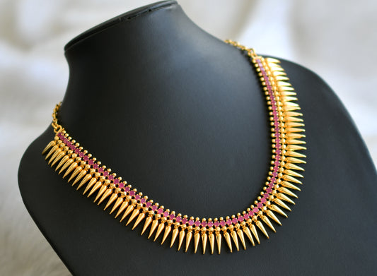 Gold tone pink stone mulla mottu Kerala style necklace dj-38263