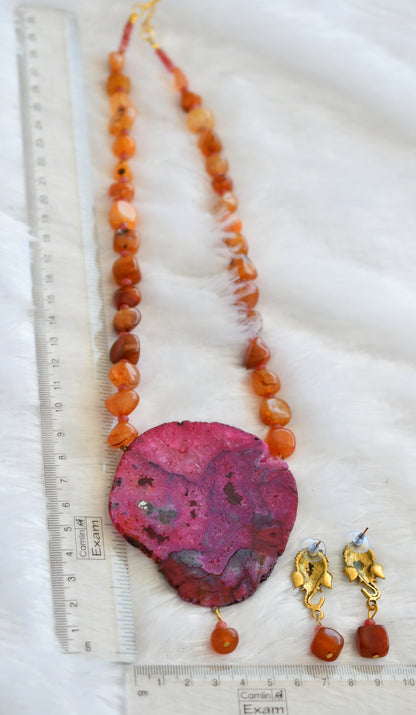 Hand painted om ganesha sliced agate pendant with orange onyx beaded necklace set dj-46073