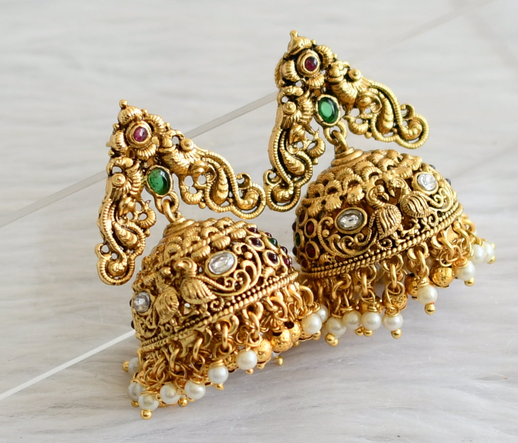 Antique gold tone kemp-green-white peacock jhumkka dj-44304