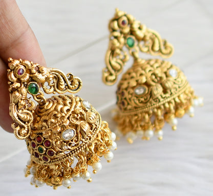 Antique gold tone kemp-green-white peacock jhumkka dj-44304