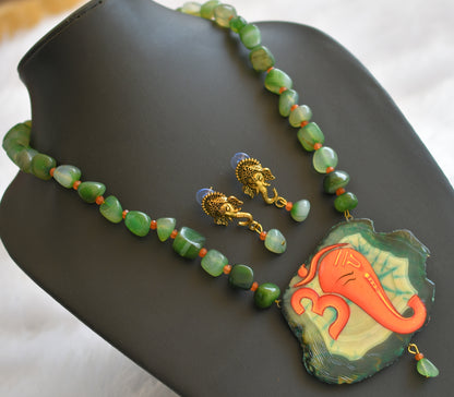 Hand painted om ganesha sliced agate pendant with green-orange onyx bead necklace set dj-46071