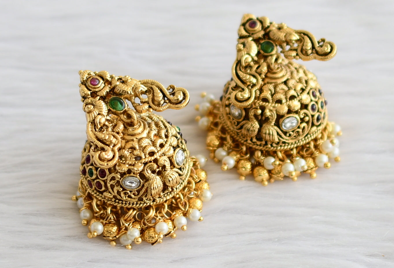 Antique gold tone kemp-green-white peacock jhumkka dj-44304