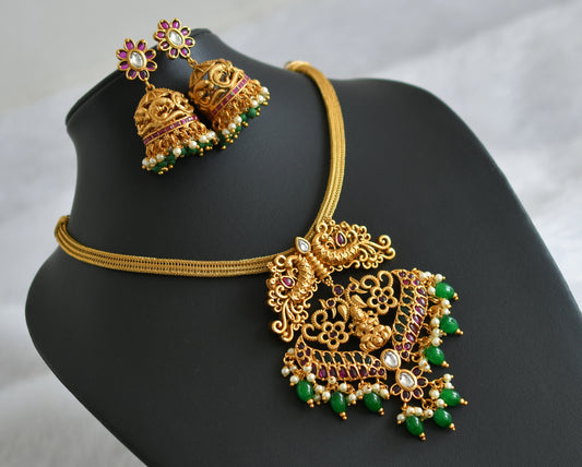 Matte finish real kemp-green-white green beaded lakshmi peacock necklace set dj-47666