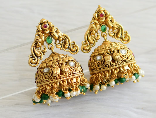 Antique gold tone kemp-green-white green-pearl cluster peacock jhumkka dj-44305