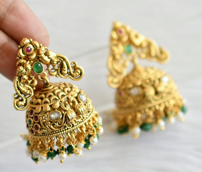 Antique gold tone kemp-green-white green-pearl cluster peacock jhumkka dj-44305