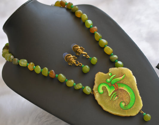 Hand painted om ganesha sliced agate pendant with olive green onyx beaded necklace set dj-46072