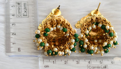 Antique gold tone kemp-green-white green-pearl cluster peacock jhumkka dj-44305