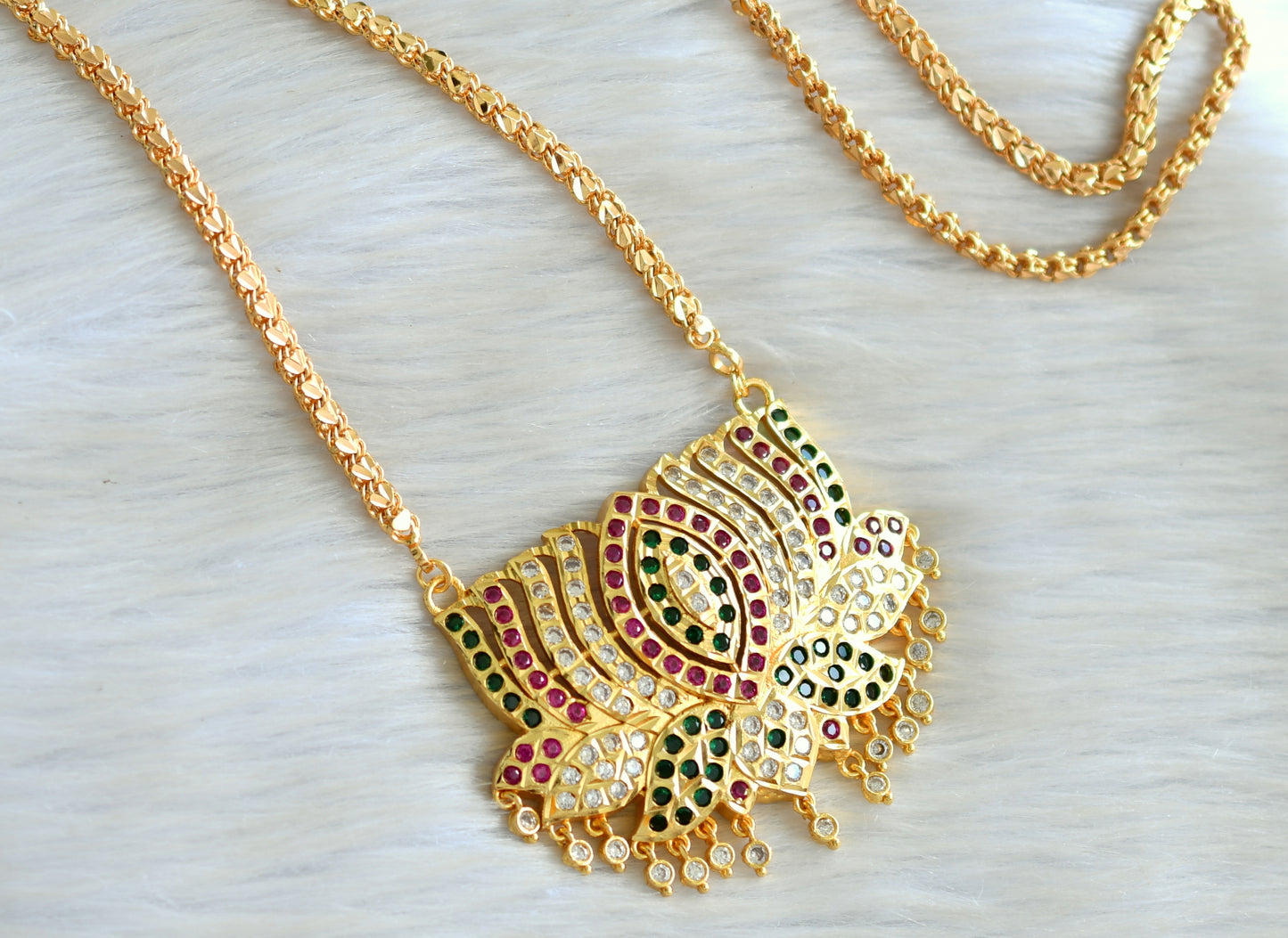 Gold tone ruby-green-white Lotus South Indian pendant with chain dj-40897
