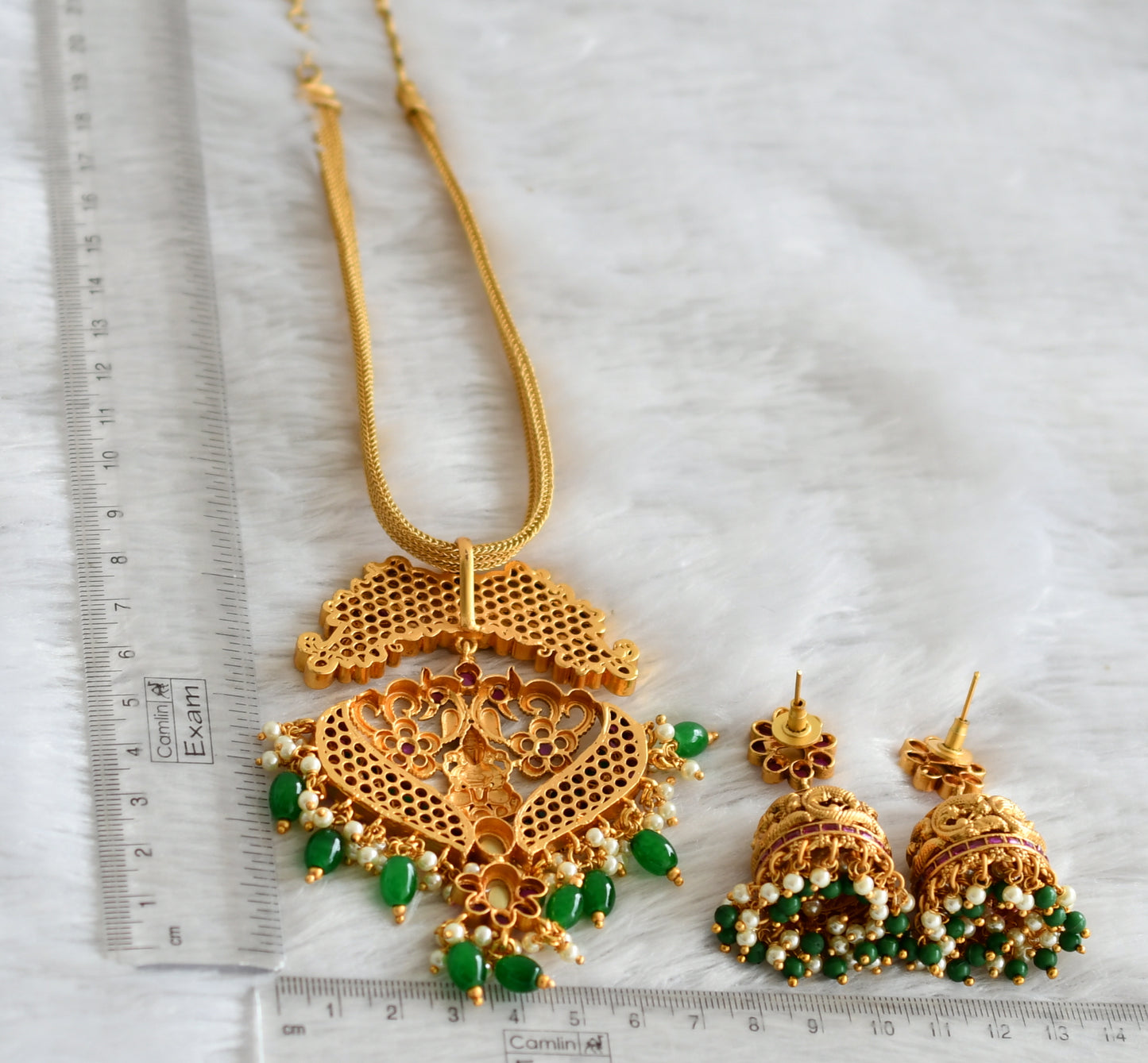 Matte finish real kemp-green-white green beaded lakshmi peacock necklace set dj-47666