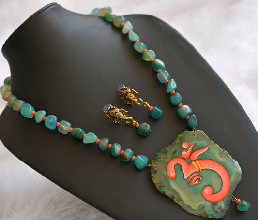 Hand painted om ganesha sliced agate pendant with blue-orange onyx beads necklace set dj-46069