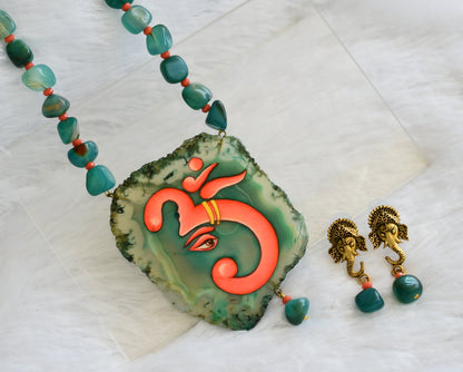 Hand painted om ganesha sliced agate pendant with blue-orange onyx beads necklace set dj-46069