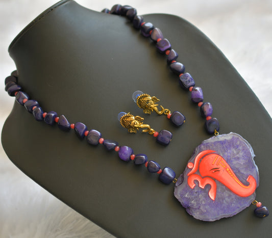 Hand painted om ganesha sliced agate pendant with blue-orange onyx bead necklace set dj-46070