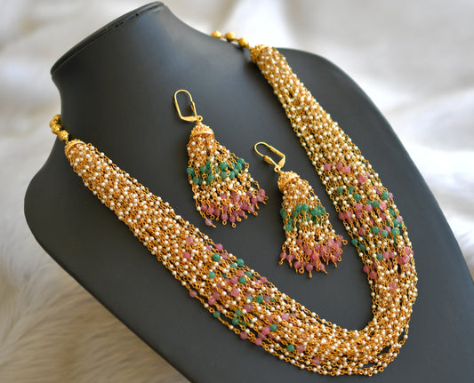 Gold Tone Pearl 24 Strand Pink-green Necklace Set dj-05851