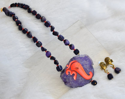 Hand painted om ganesha sliced agate pendant with blue-orange onyx bead necklace set dj-46070