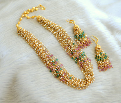 Gold Tone Pearl 24 Strand Pink-green Necklace Set dj-05851