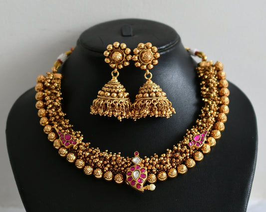 Antique gold tone pink-white kundan jadau mango bird cluster necklace set dj-49514