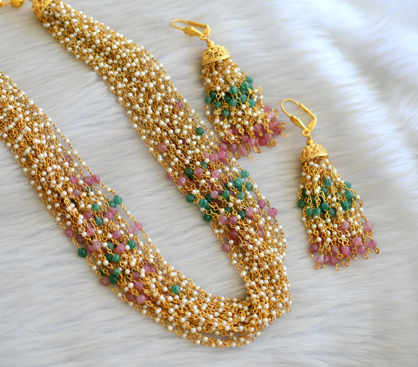 Gold Tone Pearl 24 Strand Pink-green Necklace Set dj-05851