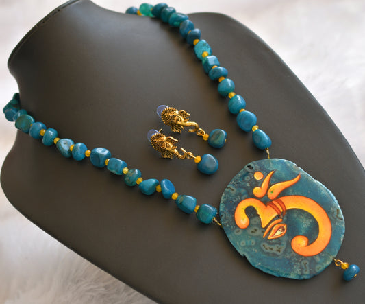 Hand painted om ganesha sliced agate pendant with blue-yellow onyx beaded necklace set dj-46076