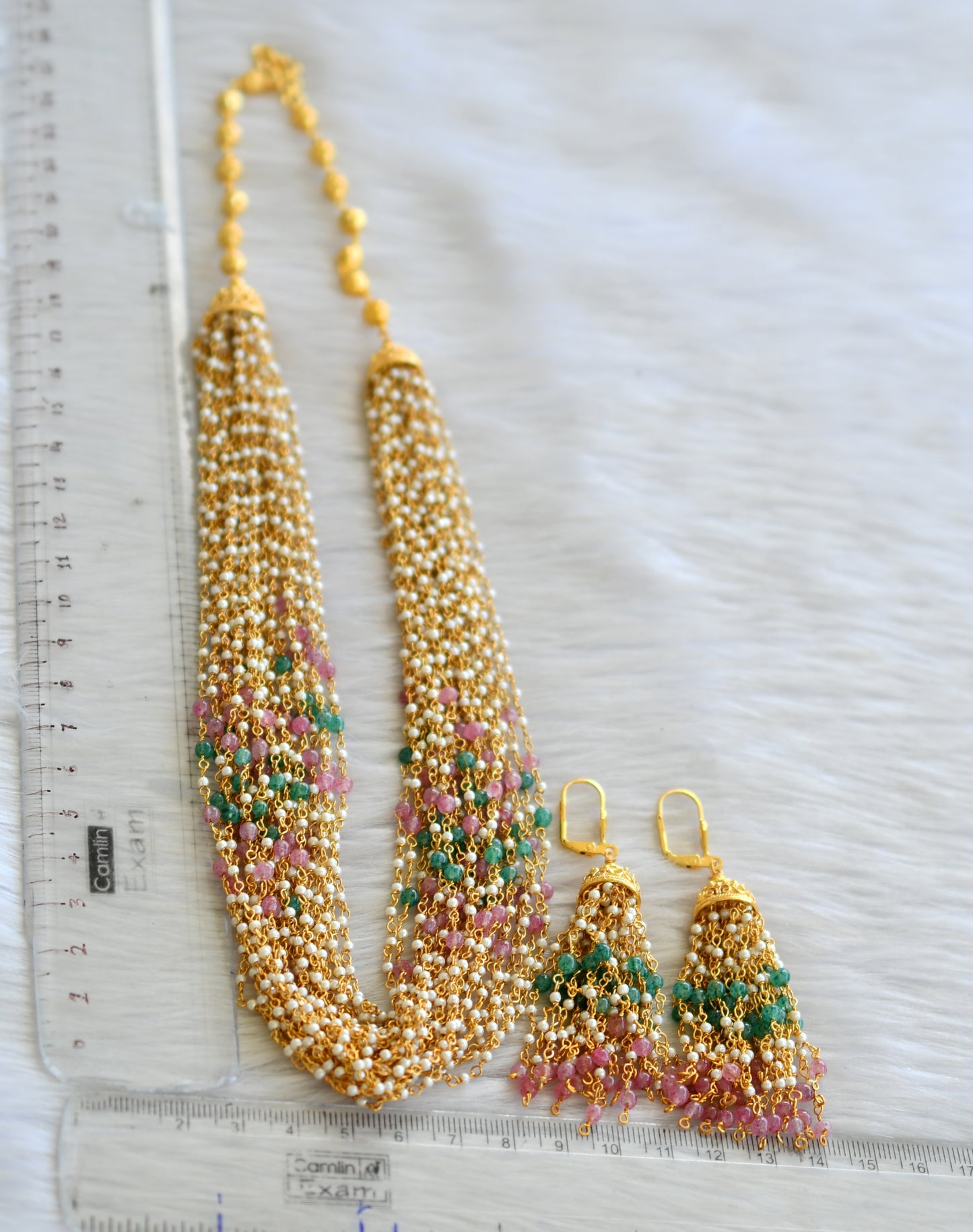 Gold Tone Pearl 24 Strand Pink-green Necklace Set dj-05851