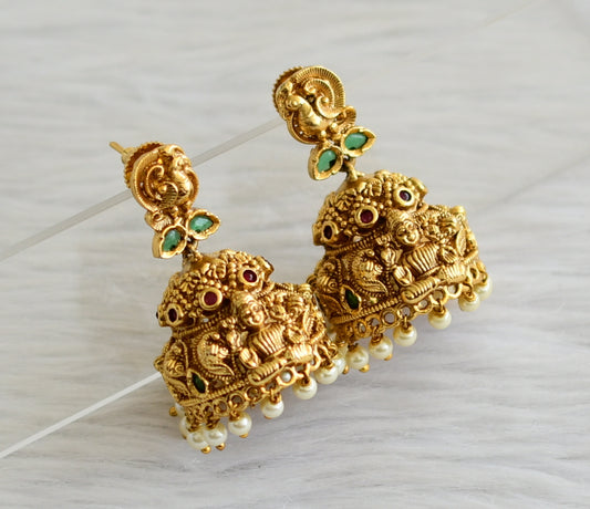 Antique gold tone ruby-green pearl peacock lakshmi jhumkka dj-44303