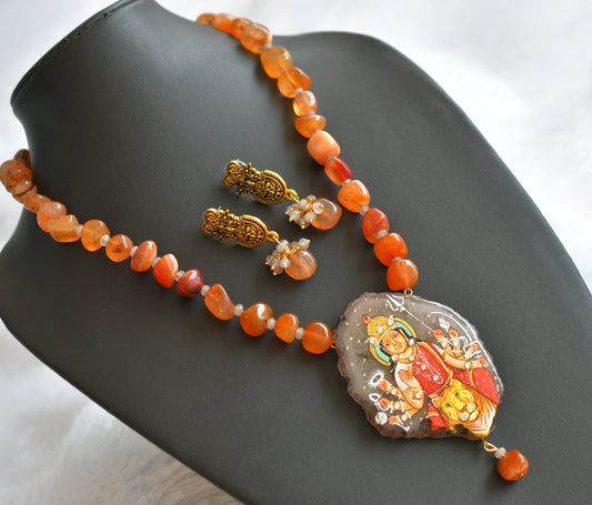 Hand painted ma shakti sliced agate pendant with orange-white onyx beaded necklace set dj-46082
