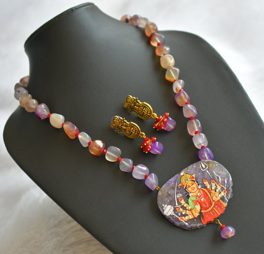 Hand painted ma shakti sliced agate pendant with purple-red-white onyx beaded necklace set dj-46083