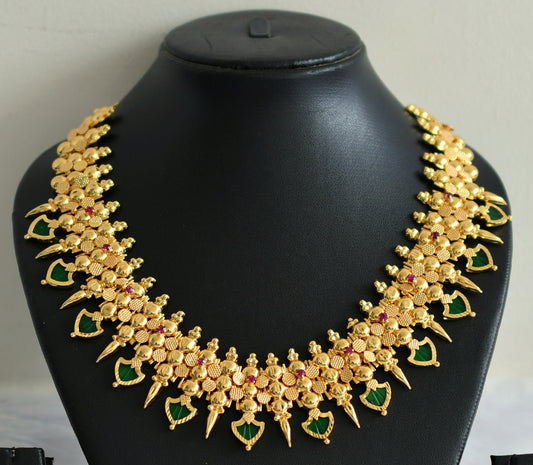 Gold tone kerala style pink-green palakka mulla mottu necklace dj-49510