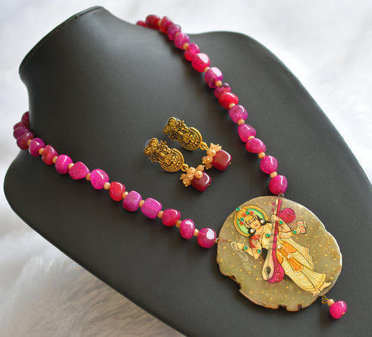 Hand painted ma saraswathi sliced agate pendant with pink onyx beaded necklace set dj-46084