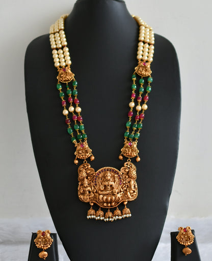 Matte finish kemp-green pearl beaded lakshmi ganesha peacock haar set dj-47692