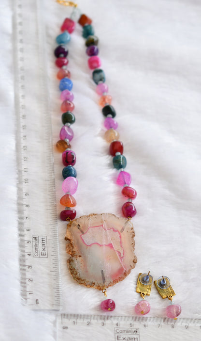 Hand painted ram-sita sliced agate pendant with multi color onyx beaded necklace set dj-46077