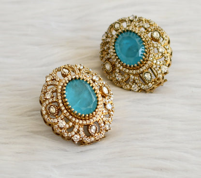 Antique gold tone cz sky blue-white big victorian stud/earrings dj-44314