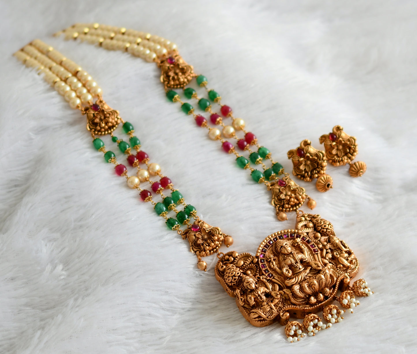 Matte finish kemp-green pearl beaded lakshmi ganesha peacock haar set dj-47692