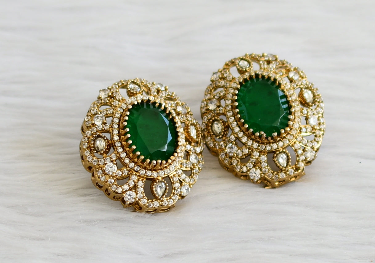 Antique gold tone cz green-white big victorian stud/earrings dj-44312
